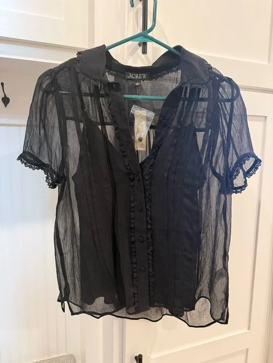 NWT J. Crew Sheer lace-trim button-up shirt in black - Picture 2 of 4